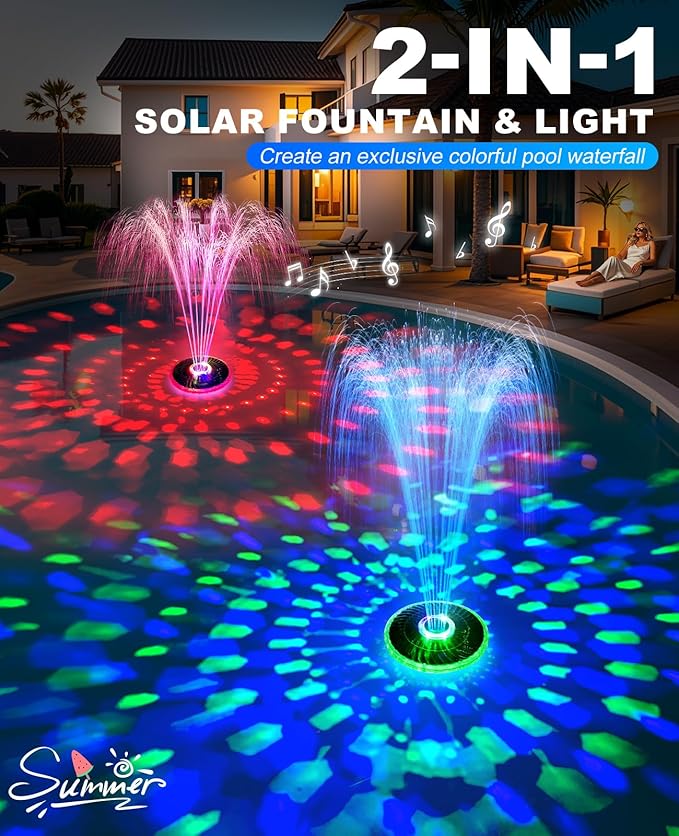 Solar Pool Fountain with Light Show,2026 Upgraded Large Solar Pool Water Fountain,Floating Pool Fountain for Above Ground Pool,Solar Floating Fountain Pump for Pool (Gray)-1PK
