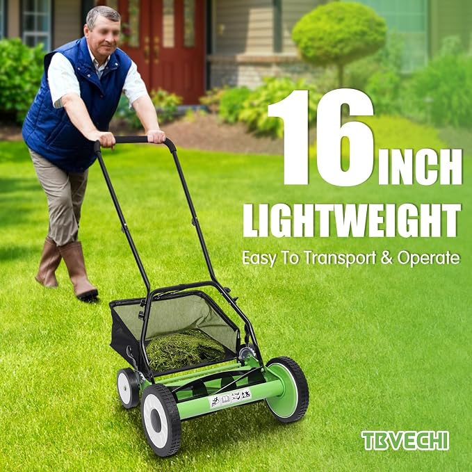 16Inch Reel Mower with 5-Blades, Universal Manual Lawn Mower w/Grass Catcher Adjustable Cutting Height Push Lawn Mower - Image 2