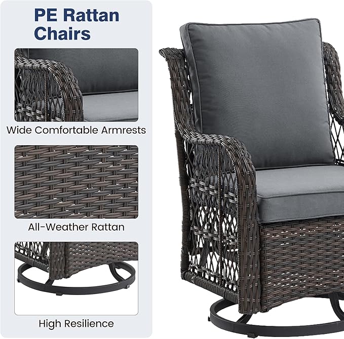 GarveeHome 3 Piece Outdoor Patio Set, Wicker Rocking Bistro Set with 2 Swivel Chairs & Tempered Glass Top Table, Rattan Outdoor Furniture with Cushions for Patio Porch Backyard