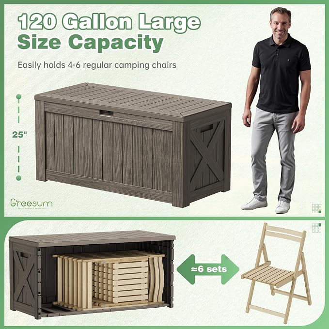 Greesum Outdoor Storage Box 120 Gallon Storage Bin with Lid for Patio Furniture, Garden Tools, Pool Supplies, Lockable, Waterproof and UV Resistant, Coffee - Image 5