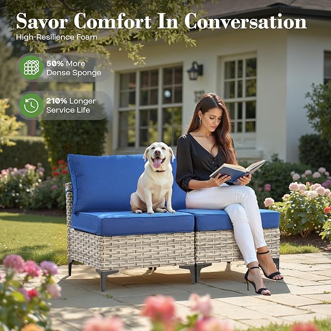 5 Piece Outdoor Patio Furniture with Glowing Coffee Table, Rattan Wicker Conversation Set with Sofa, Sectional Single Chairs for Outside Porch Balcony Backyard Pool,Blue