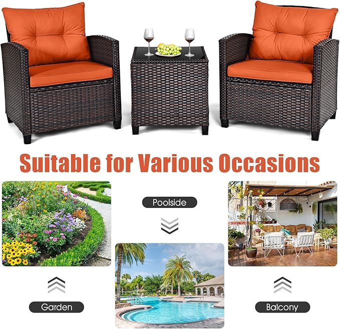 KOTEK 3 Piece Patio Furniture Set, Outdoor Conversation Set with Washable Cushions & Tempered Glass Tabletop, PE Rattan Wicker Bistro Set for Porch, Garden, Balcony (Orange)