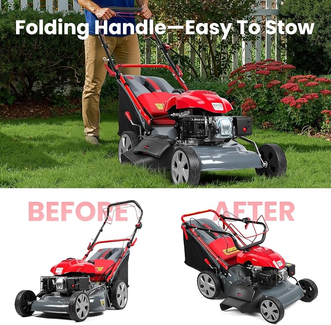 173CC Self Propelled Gas Lawn Mower with Bag[Foldable] - Easy Start, 3 in 1 Multi Functional Gas Powered Push Lawn Mower with 60L Grass Tank for Yard Garden, Self-Propelled Rear Wheel System, 20 Inch - Image 8