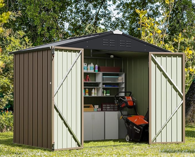 Greesum 8x6FT Outdoor Storage Shed, Utility Tool Shed with Sloping Roof, Metal Storaged Garden Shed with Door & Lock for Patio Storage, Brown by BuynowfromGreesum