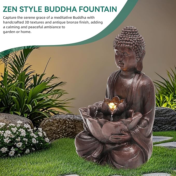 18.9" H Buddha Outdoor Water Fountain, Zen Style Garden Fountain with LED Lights and Pump, Relaxing Waterfall for Patio, Porch, or Yard Decor, Faux Bronze