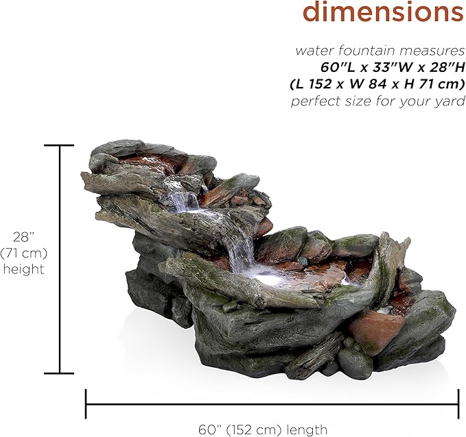 Alpine Corporation | 60"L Outdoor 3-Tier Rainforest Rock River Hand-Painted Water Fountain with LED Lights — Garden, Patio & Yard Décor