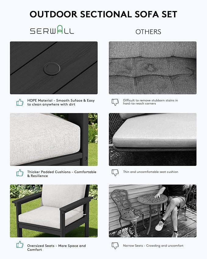 SERWALL HDPE Patio Conversation Set, 6-piece Sectional Outdoor Furniture Set, All Weather Outdoor Couch Set Patio Furniture Set for Deck, Lawn, Black Frame with Khaki Cushion