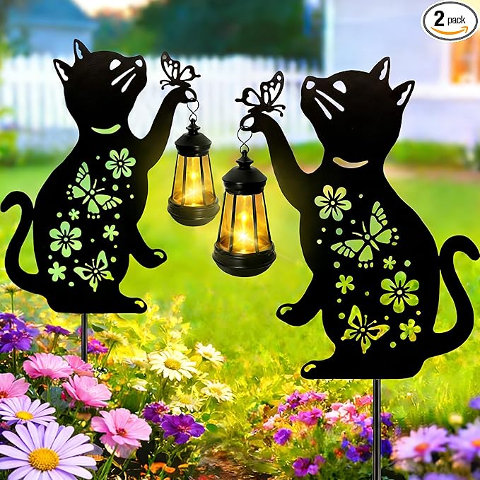 Cat Solar Lights Outdoor, 2 Pack Black Cat Hanging Lantern Waterproof, Cat Lover Gifts for Women Mom Birthday Mother's Day, Metal Garden Statue Yard Decor Patio Pathway Backyard Lawn Ornaments