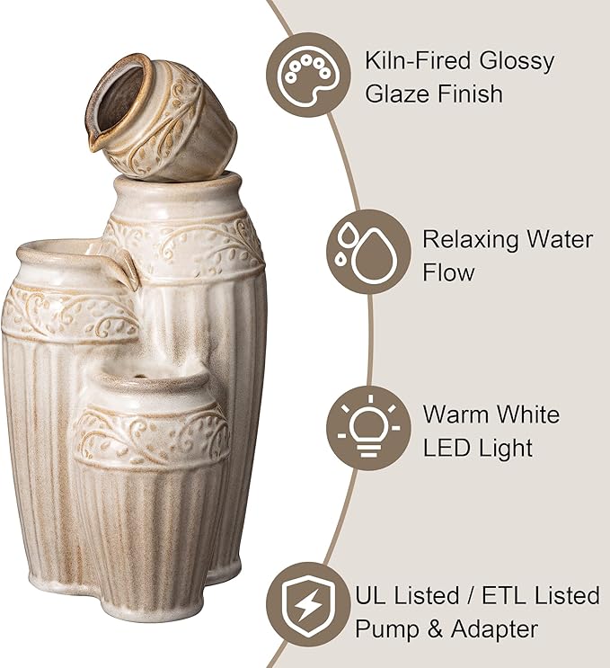 Glitzhome 27.25" H Outdoor Garden Water Fountain with LED Lights and Pump, 4 Tier Sand Beige Embossed Pattern Ceramic Pots Cascading Floor Standing Fountain for Porch Deck Patio Backyard Decoration