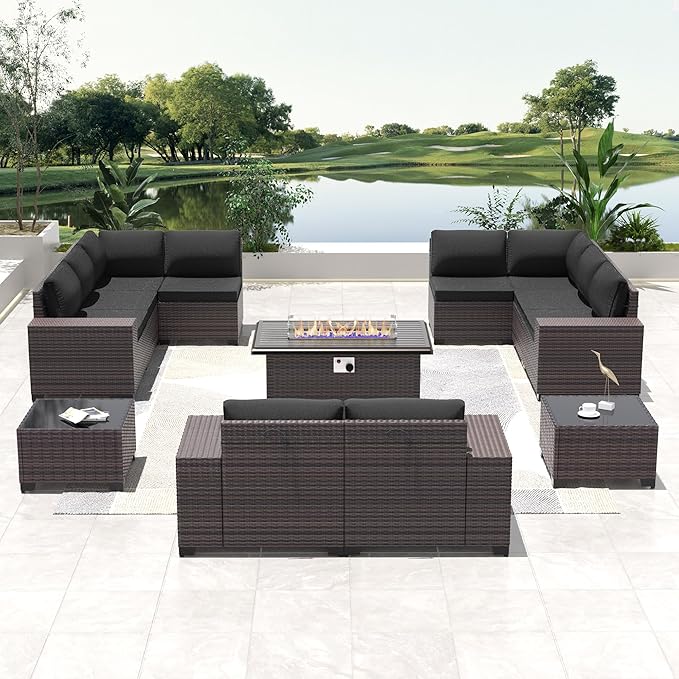 13 PCS Outdoor Patio Furniture Set,Outdoor Sectional Furniture with 43" 55000 BTU Gas Propane Fire Pit Table,All Weather PE Rattan Wicker Patio Conversation Set,Black