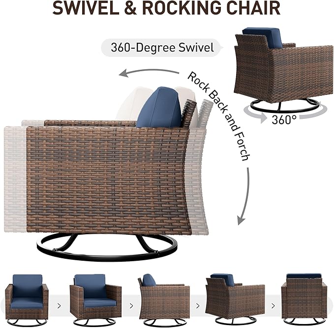 UDPATIO Patio Furniture Set, 5 Pieces Outdoor Conversation Sets with Rocking Swivel Chairs, Wicker Rattan Outdoor Sofa Set with Storage Table and Waterproof Covers for Backyard, Deck, Porch, Navy