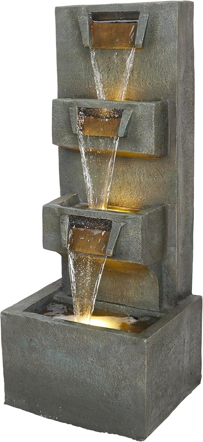 Alpine Corporation TZL406 33" 3 Tier Basin Cascading Fountain with LED Lights, Outdoor Water Feature for Garden, Patio, Backyard & Home Decor, Elegant Waterfall Design, Gray