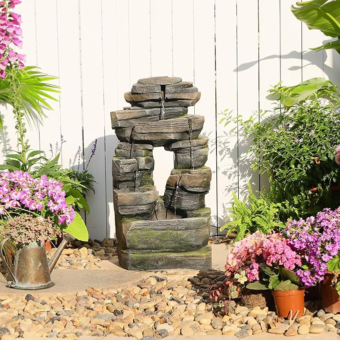 26.4" Outdoor Water Fountain with LED Lights, Stacked Rock Waterfall Fountain, Resin Garden Water Feature for Arch Design, Freestanding Patio, Yard