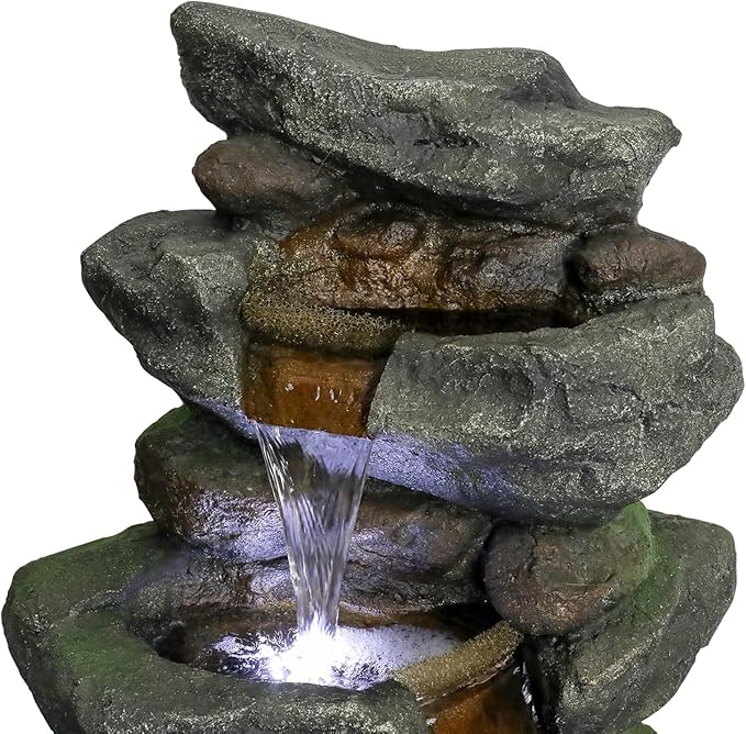 SunJet 40in Outdoor Water Fountain with LED Lights - 4-Tier Polyresin Rock Water Fountain for Home Garden, Yard, Patio, Deck Decor - Soothing Tranquility Floor-Standing Fountains