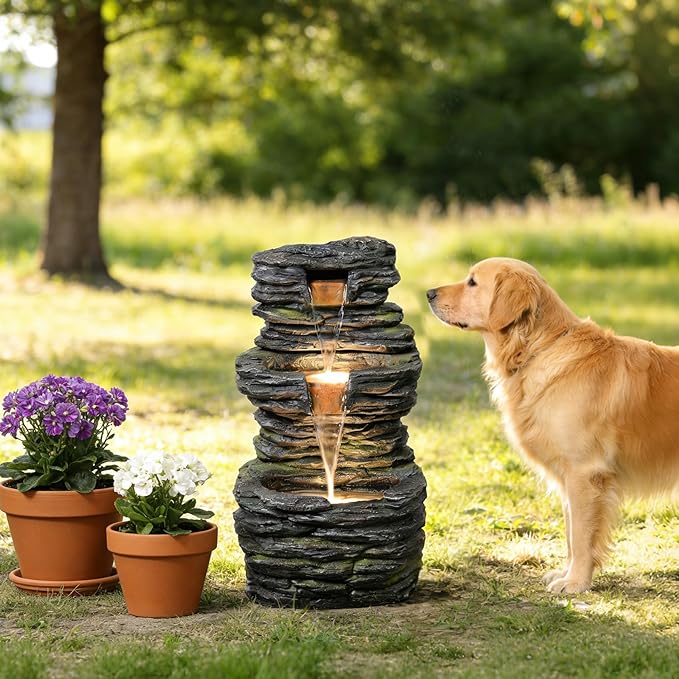 28.8” Tall Rock Water Fountain Outdoor Garden, 3-Tiers Cascading Rock Natural Waterfall Fountains with LED Lights, Indoor Resin Water Feature Fountain for Patio, Backyard, Deck, Porch