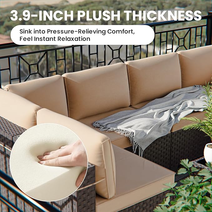 10 PCS Outdoor Patio Furniture Set,Outdoor Sectional Furniture with 43" 55000 BTU Gas Propane Fire Pit Table,All Weather PE Rattan Wicker Patio Conversation Set,Swivel Rocking Chairs Set,Sand