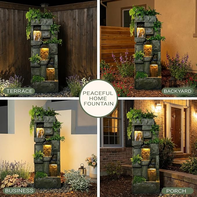 Garden Water Fountains Outdoor Floor Standing, 3 Tier Rock Waterfall Fountain with LED Lights and Pump for Garden, Patio, Backyard, Deck, Porch and Home Art Deco, 56.3" Very Tall