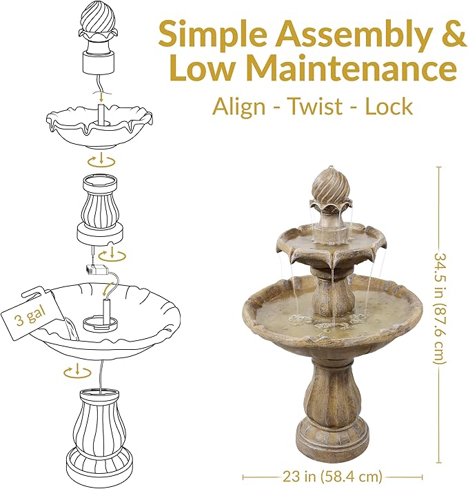 Sunnydaze 35" Solar 2-Tier Outdoor Water Fountain - Outdoor Water Fountain with Battery Backup and Pump - Earth
