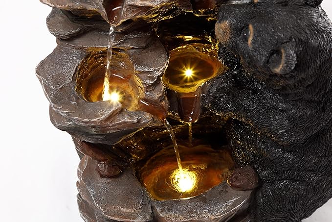 21" Outdoor Water Fountain with Lights, 4-Tiered Black Bear Family Cascading Water Fountain, Outdoor Garden Waterfall Decor for Garden, Patio, Courtyard