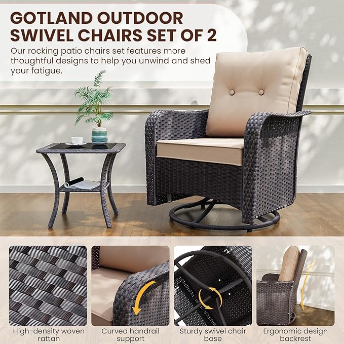 Gotland 12 Pieces Patio Furniture Set with Swivel Chair, PE Rattan Outdoor Furniture with 29.5'' High Backrest 4’’ Thick Cushions Coffee Table, Patio Set for Porch, Deck, Backyard, Khaki