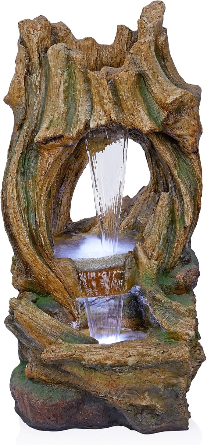 Alpine Corporation 40" Tall Open Tree Trunk Floor Fountain with Cool White LED Lights, Tiered Garden Decor, Brown