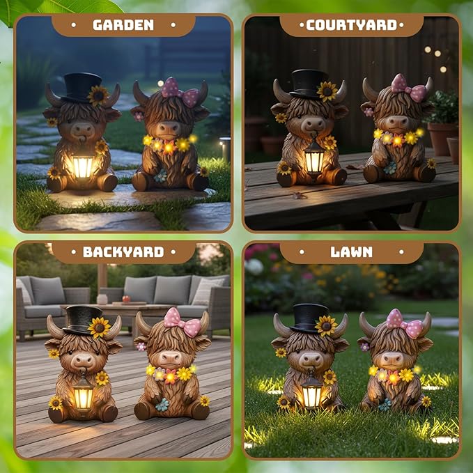 Retisee 2 Pcs Solar Highland Cow Garden Statues Resin Garden Highland Cow Statues with Flower LED Lights Outdoor Funny Solar Light Figurines Decoration for Yard Patio Lawn Gifts for Grandma Mom Women