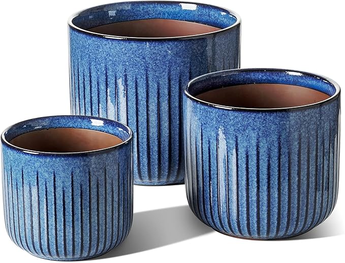 LE TAUCI Fluted Ceramic Plant Pots, 8.3/7/6 Inch Indoor Planters with Drainage Holes & Mesh, Modern Glossy Glaze Cylinder Flower Pot for Snake Plant, Set of 3, Harbor Blue