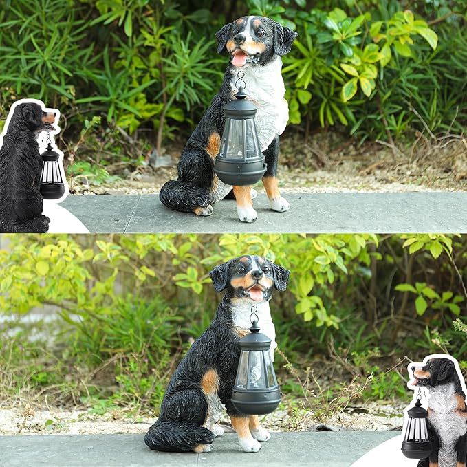 Afirst Dog Garden Statue - Outdoor Decor with Solar Lantern Valentine's Day Gift Lovely Bernese Mountain Dog Figurine Patio Lawn Yard Art Ornaments Housewarming Gift