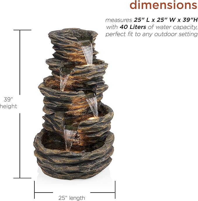 Alpine Corporation 39" Tall Outdoor 5 Tiered Natural Look Rock Water Floor Fountain with Replaceable Lights, Brown