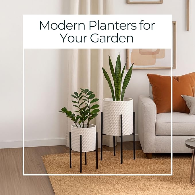 Decorative Flower Pots with Metal Stand for Home Decor - Modern Planters for Hallway, Entryway, and Living Room Decor - Indoor and Outdoor Pots for Plants - Set of 2, 23", 19", White & Black