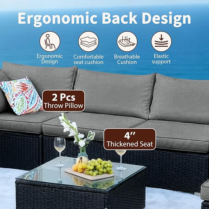 7 Pieces Black Patio Furniture Set - All-Weather Outdoor Sectional Wicker Conversation Sofa, Rattan Patio Seating Sofa Set with Grey Cushions and Glass Table for Porch Poolside