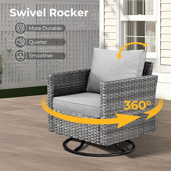 HOOOWOOO 8 Piece Patio Sectional Furniture Set with Swivel Rocking Chairs,Modern Wicker Outdoor Conversation Sofa Sets,Weather Resistant Modular L Shaped Outside Couch Set(Dark Gray)