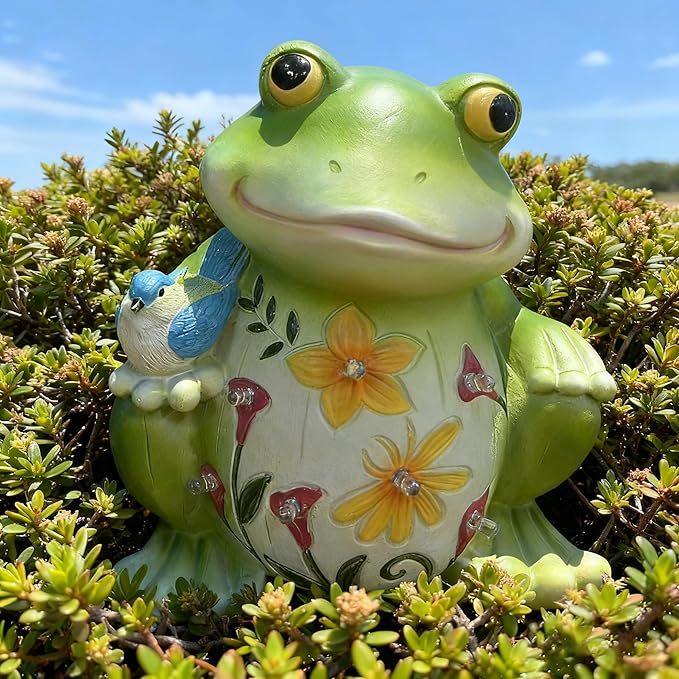 Outdoor Frog Sculptures,Solar Resin Garden Outdoor Statues,Mother's Day Frog Gifts Sculptures Decorations for Home Patio,Yard,Lawn, Porch, Ornament