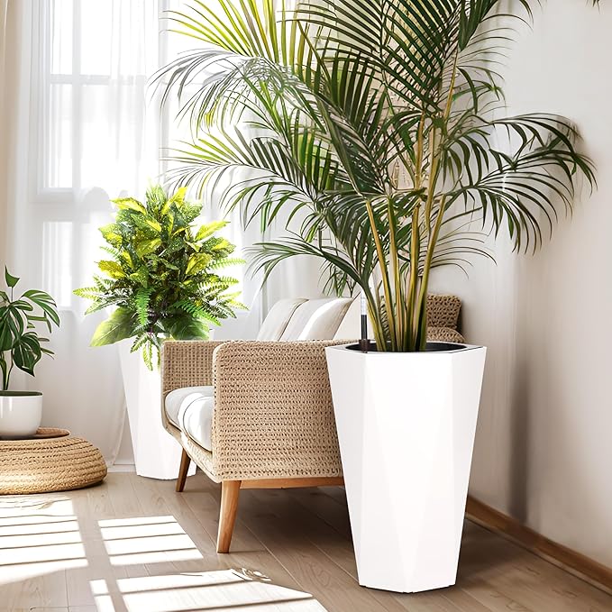GarveeLife 22.5 in Tall Diamond Planters Set of 2, Self Watering Planters with Water Level Monitor and Wheels, Flower Pots Outdoor and Indoor for Patio, Porch, Living Room, Home Office, White