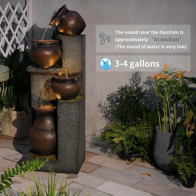 Resin Outdoor Water Fountain 4-Tier Jar Waterfall - Quiet Pump, LED Lights, Rustic Jar Cascading Water Feature for Garden Patio Backyard Decor, 53" H Fountain, Grey