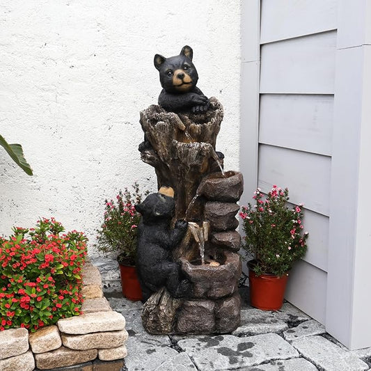 YZM 40.16" H 5 Tier Outdoor Fountain Black Bears Climbing Tree Garden Water Fountain Outdoor Water Feature Resin for Farmhouse Patio Yard Deck Home Lawn Porch House Relaxation Exterior Balcony