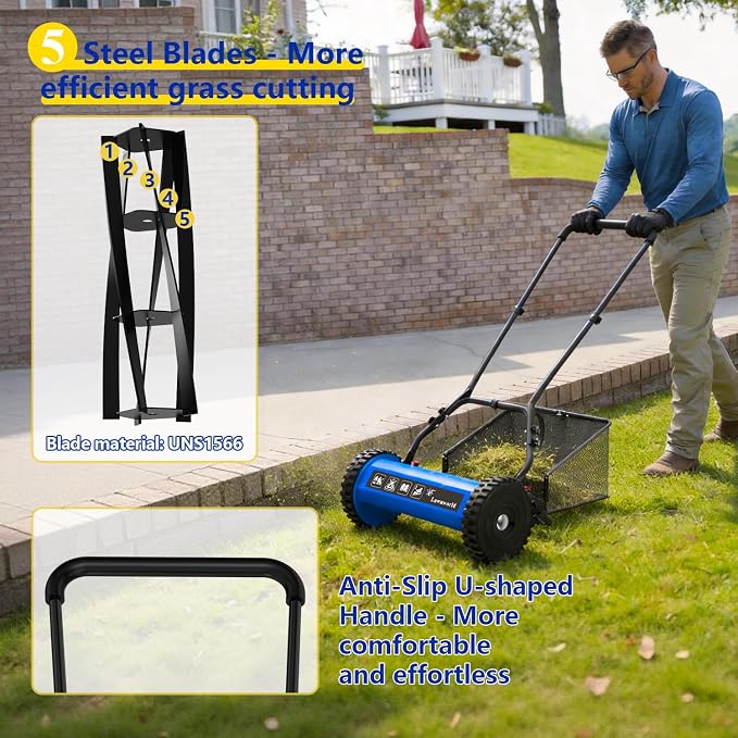 16-Inch Reel Lawn Mower with Grass Catcher and Tool-Free Blade Adjustment, 5-Blade Manual Push Lawn Mower, 5-Position Height Adjustable - Image 5