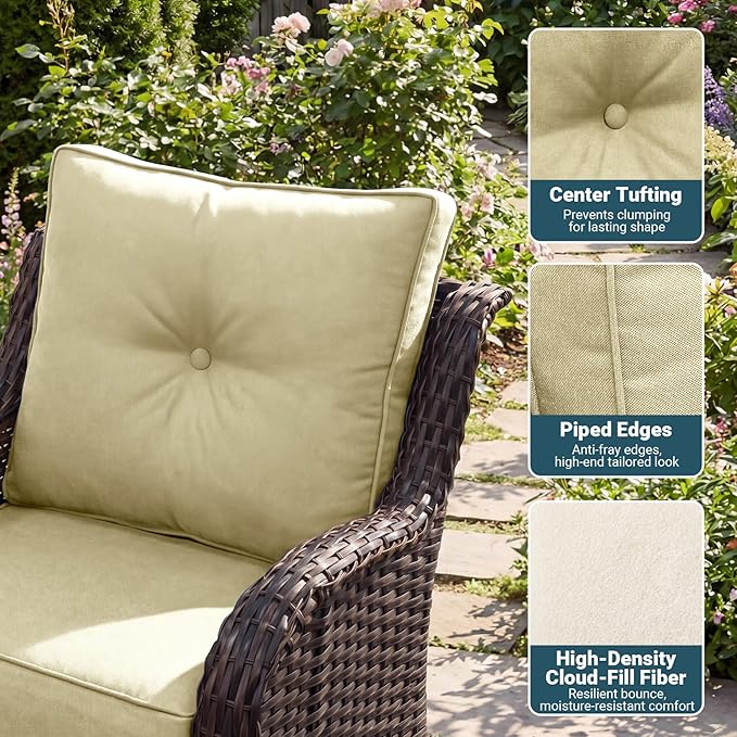 Patio Furniture Set, 3PCS Outdoor Wicker Conversation Set with 6" Thick Cushions, High Back Swivel Rocker Chairs, Weather Resistant Olefin Fabric for Garden, Poolside, Beige