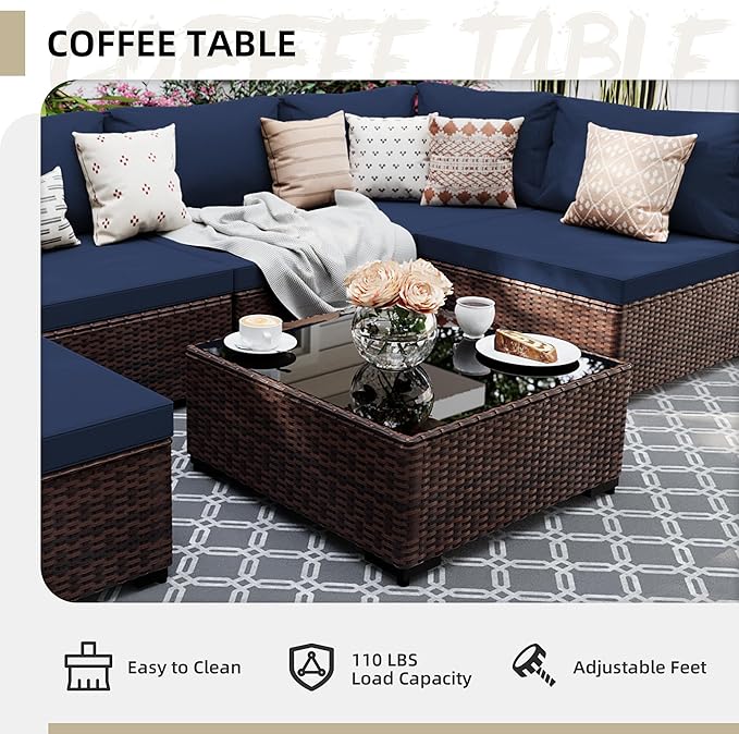 UPHA 7 Pieces Patio Furniture Sets, Wicker Outdoor Sectional Sofa Couch with Coffee Table, Patio Conversation Set for Deck Backyard Garden, Brown Rattan, Navy Blue Cushion