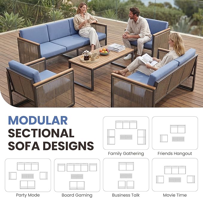 5 Piece Patio Conversation Set for 7, Modular Patio Sofa Couch with Cushions, Rattan Outdoor Patio Furniture Set with Loveseat/Coffee Table, Outdoor Sectional Furniture for Deck/Porch, Blue
