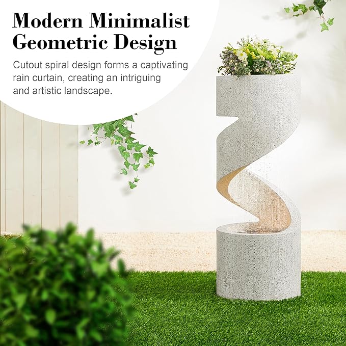Glitzhome Outdoor Water Fountain with LED Light, Spiral Tiered Water Fountain Outdoor with Stone Planter, Modern Curved Waterfalls Feature Fountains for Garden Patio Porch, 31.3”H