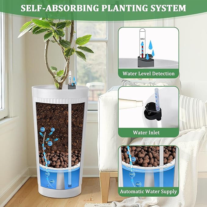 2-Pack 24in Round Plastic Planters with Self-Watering System and Vertical Ribbed Design – Perfect for Home, Patio, Garden Plants