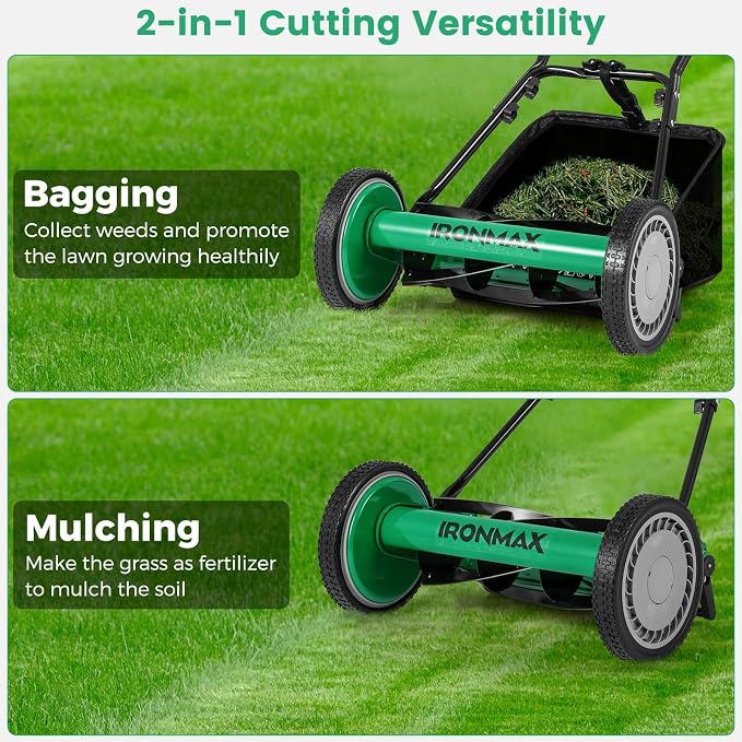 IRONMAX Lawn Mower, 16 Inch Push Reel Lawn Mower with 5 Steel Blades, Adjustable Cutting Heights, Grass Catcher Bag, Walk-Behind Manual Lawnmower for Garden Park Yard, No Motor (Green, 16 Inch) - Image 7