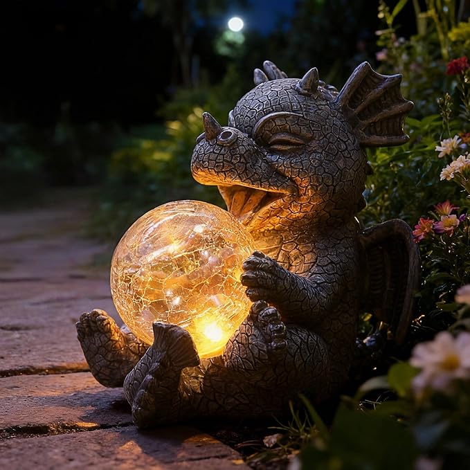 Solar Powered Garden Dragon Statue with Glowing Glass Ball - Outdoor Decoration, Automatic Dusk to Dawn, Weather Resistant Sculpture for Gardens, courtyards, and terraces - Unique Gift
