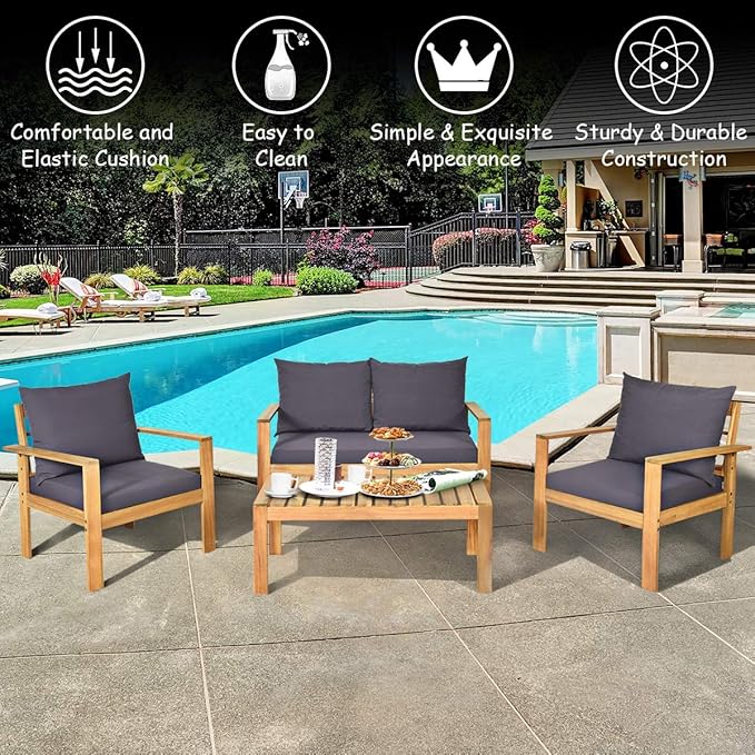 Tangkula Outdoor 8-Piece Acacia Wood Chat Set, 8 Seater Acacia Wood Conversation Sofa and Table Set, Teak Finished (2, Grey)