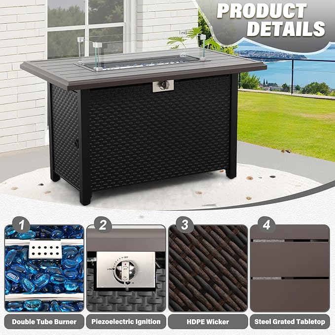4 Pieces Outdoor Patio Furniture Set 43 In Outdoor Fire Pits Wicker Outdoor Furniture Chairs and Sofa 60000 BTU Outdoor Propane Fire Pit Table Non-Slip Cushions and Waterproof Covers, Dark Grey