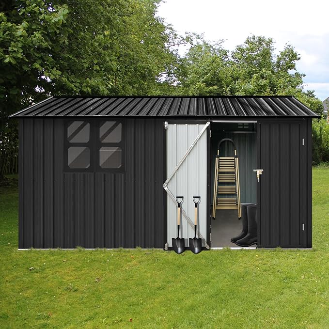 10x12 FT Outdoor Storage Shed, Large Metal Garden Shed with 4-pane Window, Outside Tool Shed with Lockable Hinged Doors & 4 Air Vents, Waterproof Storage Building for Backyard, Patio, Lawn, Black - Image 2