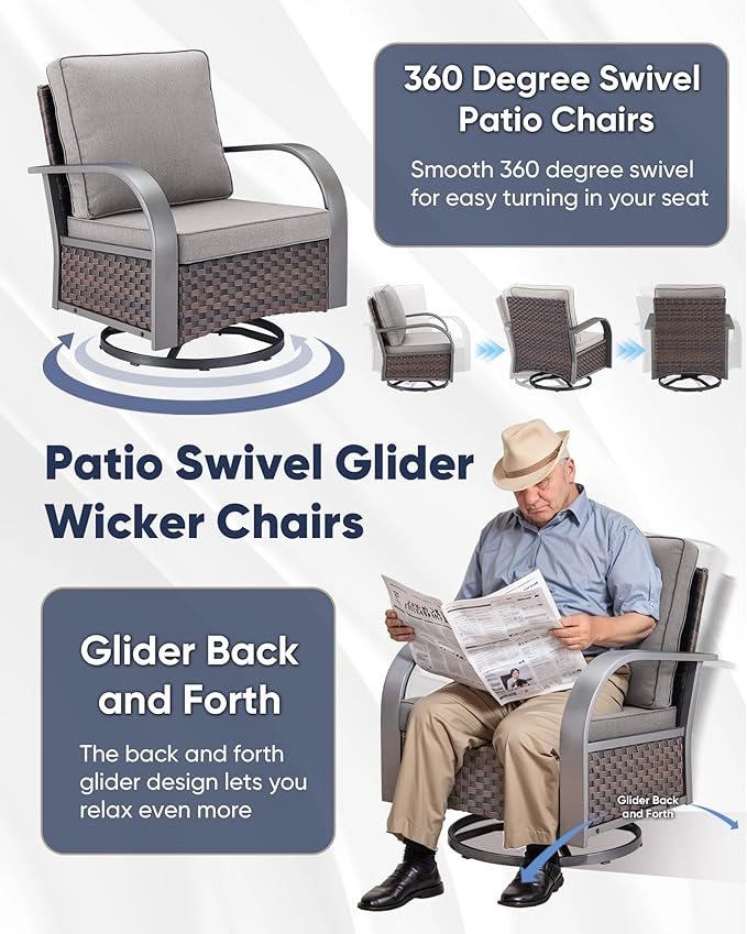 HUMMUH Swivel Rocker Outdoor Chair-High Back Patio Chairs with Ottoman Outdoor Conversation Furniture Sets for Deck Porch Garden Poolside Backyard-Brown/Grey