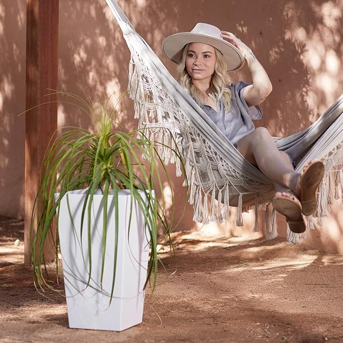 Bloem Tall Finley Tapered Square Planter: 20" - Casper White - Matte Textured Finish, 100% Recycled Plastic Pot, for Indoor and Outdoor Use, Gardening, 5 Gallon Capacity