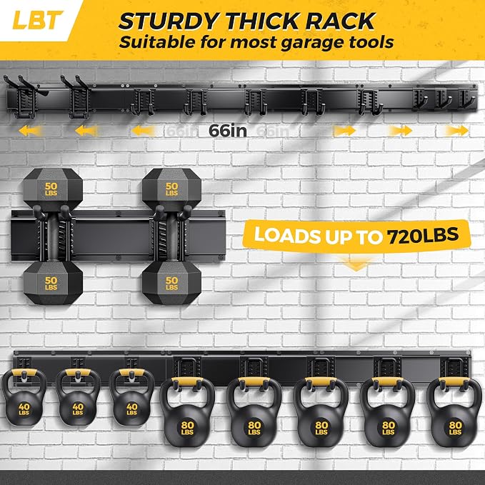 LBT 66" Garage Tool Organizer Wall Mount - 720lbs Garden Tool Organizer with Adjustable Hooks, Heavy Duty Metal Garage Storage Rack, Anti-Rust Shed Rack Holder Hanging Rake Broom Mower Snowboard - Image 3